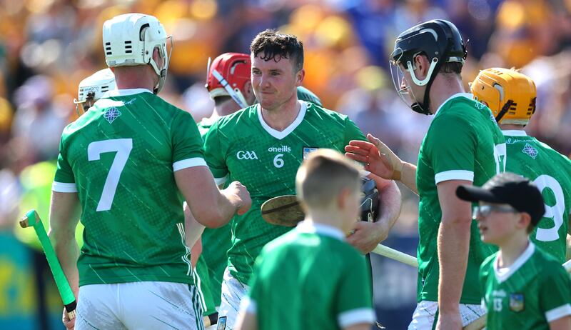 Limerick’s Kyle Hayes, Declan Hannon and Conor Boylan celebrate a recent victory over Clare. Photograph: James Crombie/Inpho