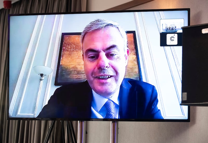 Former secretary to the government, Martin Fraser, who is now Ireland’s Ambassador to London, speaking by video link to the Centre for Cross-Border Studies conference. Photograph: Gerard McCarthy
