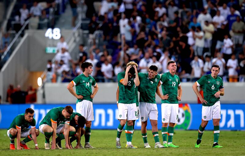 Republic of Ireland players dejected after a missed penalty. Photograph: Ryan Byrne/Inpho