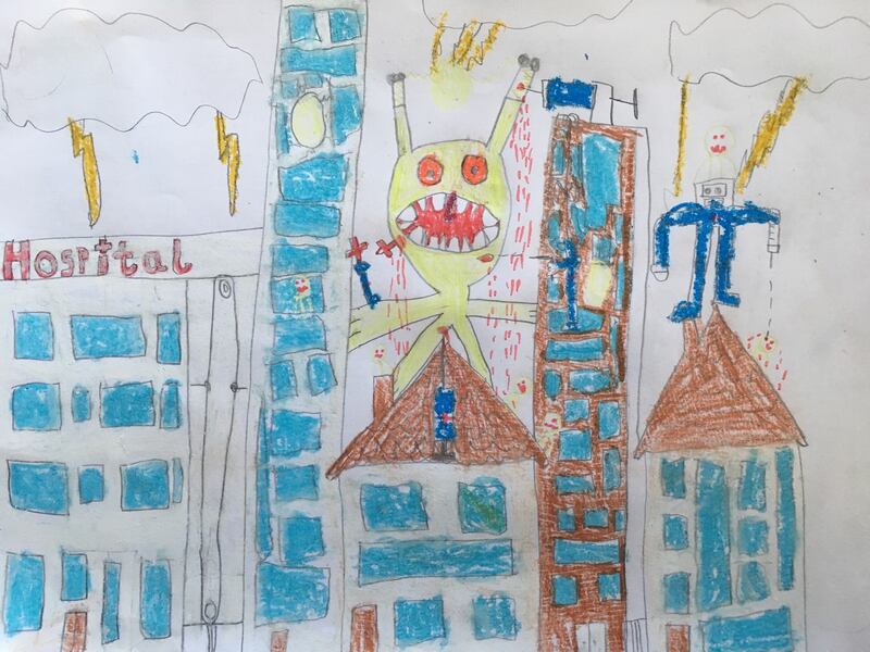 Ripley Evans, aged 8.
This is a picture of the doctors and nurses fighting the covid 19 monster with syringes filled with the cure.