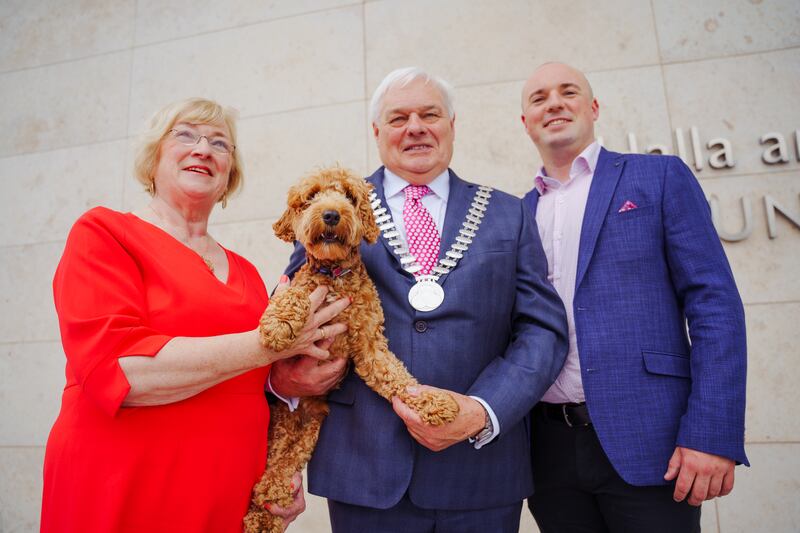 Mayor of Cork County Cllr Frank O'Flynn with wife Mary, son Francis John and their dog Copper. Photograph: Philip Daly
