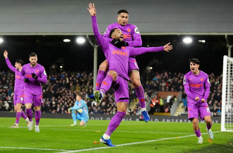 Wolves' Matheus Cunha celebrates after scoring his sides third goal. Photograph: Zac Goodwin/PA