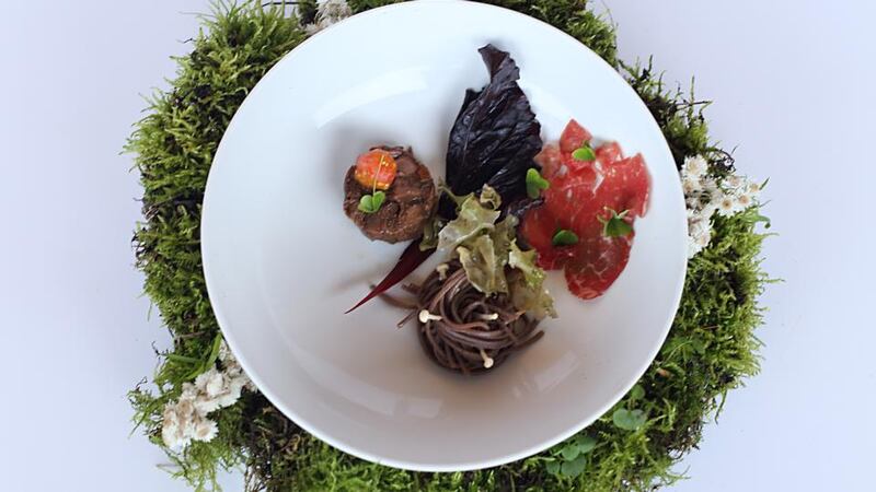 Dublin Popup Supper Club’s slow cooked beef shin with soba noodles, tomato heart, burnt ginger broth and rainbow chard.