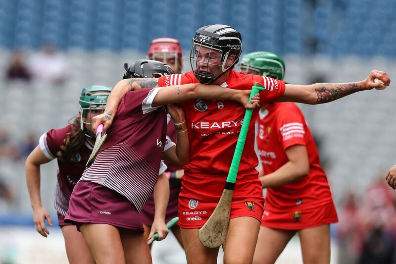Galway's Aoife Donohue tackles a determined Ashling Thompson of Cork during the All-Ireland final. Photograph: Ben Brady/Inpho 