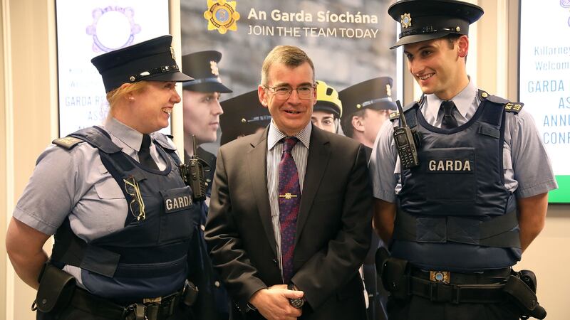 Garda Commissioner Drew Harris with local gardaí Siobhán Barry and James McCarthy, at the Garda Representative Association annual delegate conference in Killarney. Photograph: Valerie O’Sullivan