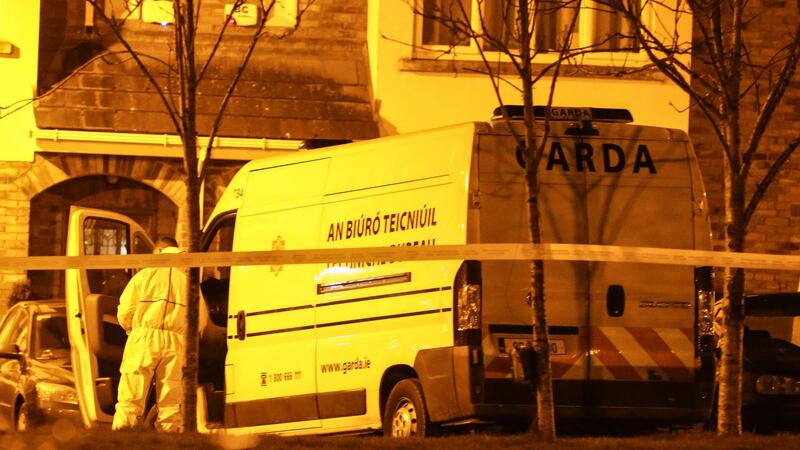 Gardaí at the scene at Parsons Court, Newcastle, Co Dublin on Friday. Photograph: Damien Eagers