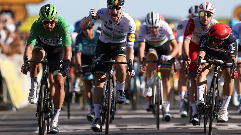 Sam Bennett  celebrates his victory in the 10th stage of the Tour de France, 170 km between Le Chateau d’Oleron and Saint Martin de Re on September 8th. Photograph: Kenzo Tribouillard/AFP/Getty  Images