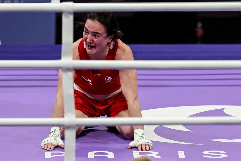 Ireland’s Kellie Harrington celebrates after winning her semi-finals against Brazil's Beatriz Ferreira. Photograph: Ryan Byrne/Inpho