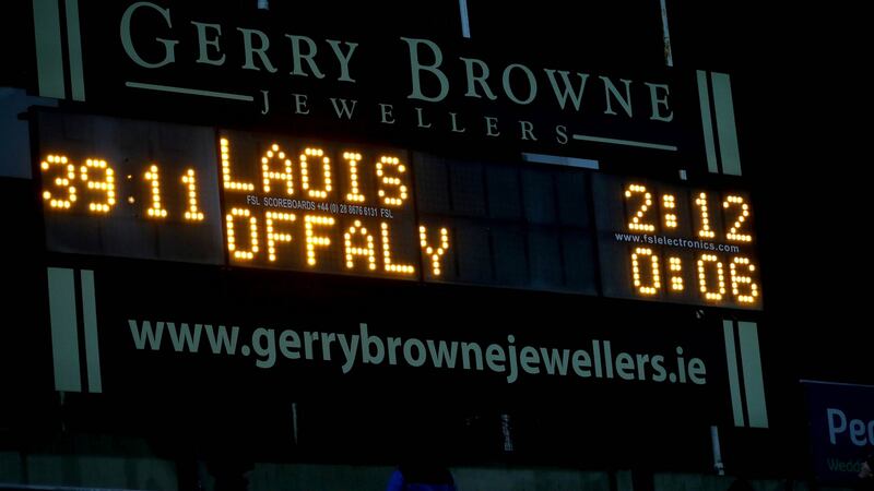 The half-time  score in O’Moore Park, another reflection of Offaly’s struggles during the league this season. Now they face a relegation decider against Carlow. Photograph: Ryan Byrne/Inpho