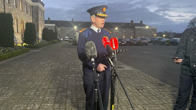 Garda Commissioner Drew Harris at a briefing outside Garda headquarters at the Phoenix Park on Saturday night. Photograph: Ronan McGreevy