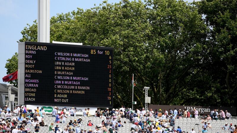 The scoreboard at Lord’s showing England’s first innings effort of 85. Photograph: Alex Davidson/Inpho