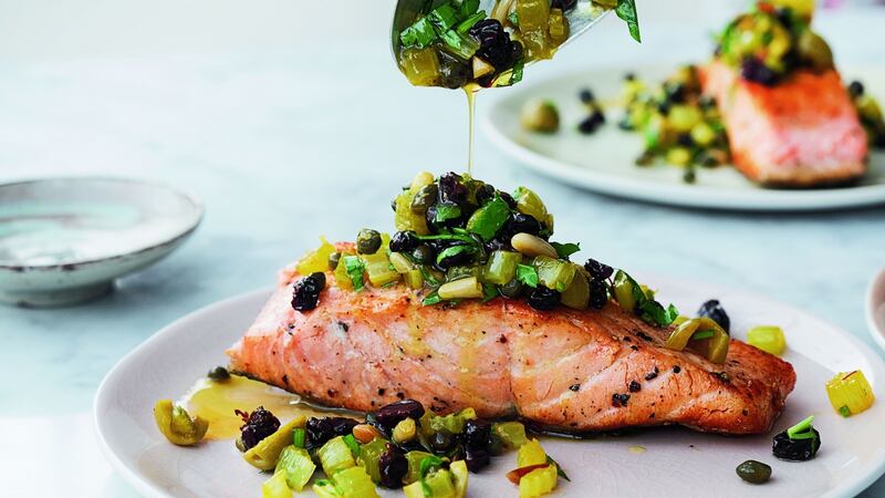 Bridget Jones’s pan-fried salmon with pine nut salsa