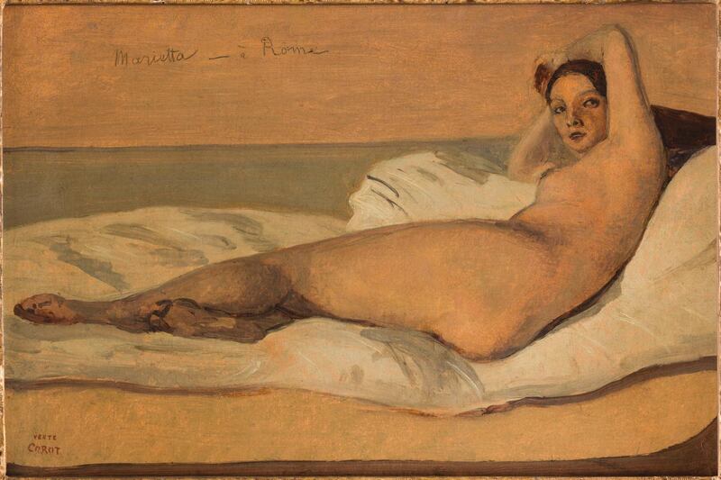 Marietta or The Roman Odalisque (1843). She reclines on a white sheet, an arm raised,  staring at the viewer with insolent eroticism.