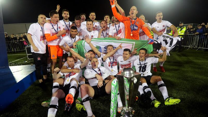 Dundalk celebrate with the  SSE Airtricity League Premier Division trophy at Oriel Park. Photograph: Ryan Byrne/Inpho
