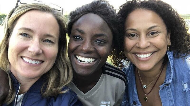 Kely Nascimento-DeLuca (right) with fellow documentary producer Susie Petruccelli (left) and Eni Aluko during filming of Warriors of a Beautiful Game. Photograph: Courtesy of Kely Nascimento-DeLuca