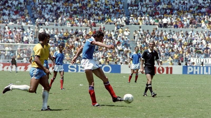 French player Maxime Bossis fires a shot at goal during the 1986 World Cup match against Brazil in Leon. Photograph: AFP via Getty Images
