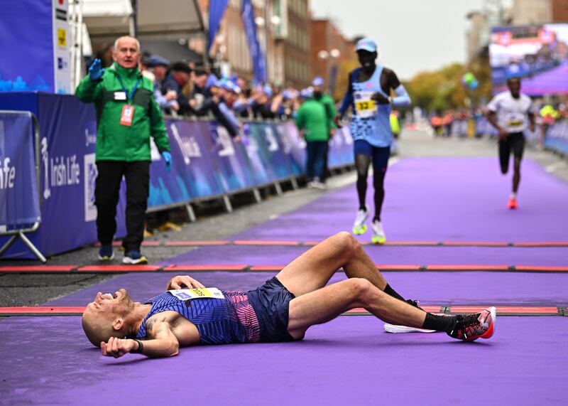 Irish National Champion Stephen Scullion after he finished third in the men's event of the 2023 Irish Life Dublin Marathon. Photograph: Sam Barnes/Sportsfile 