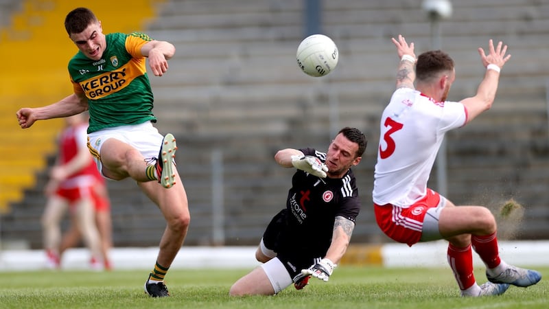 Kerry’s Sean O’Shea scores a point despite the efforts of Tyrone goalkeeper Niall Morgan and Ronan McNamee during this year’s league game in Killarney. Kerry scored six goals that day. “The most embarrassed I’ve ever been,” says Morgan. Photograph: James Crombie/Inpho