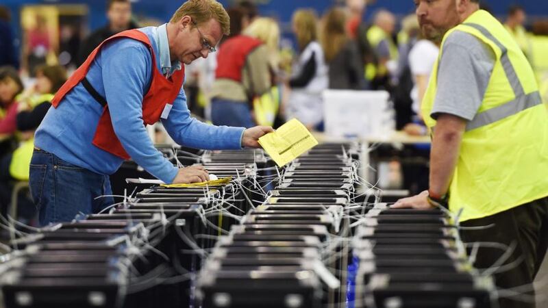 Ballots are brought into the Royal Highland Centre during the Scottish referendum in Edinburgh. Photograph: Andy Rain/EPA