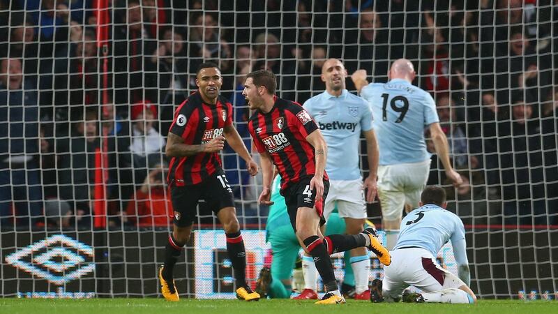 Dan Gosling Bournemouth celebrates scoring against West Ham at the Vitality Stadium. Photograph: Steve Bardens/Getty Images