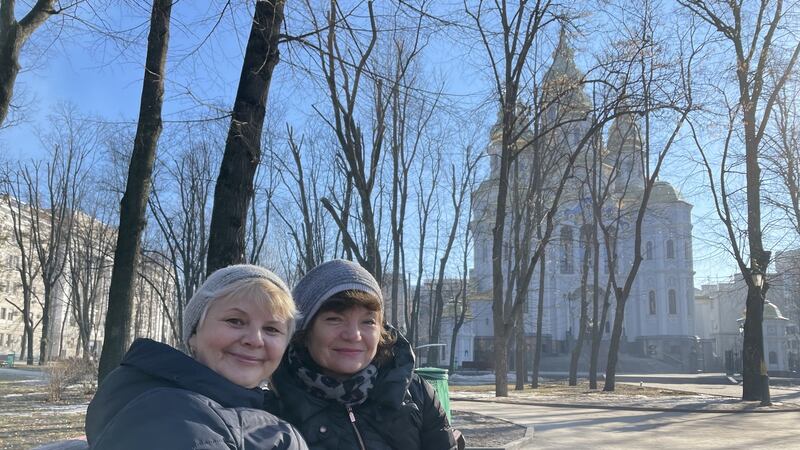 Zhanna Zvereva (left) and Nadezhda Mukhoyan, who run a travel agency in Kharkiv, met to ‘meditate for peace’ in a park after Russia declared war this morning. Photograph: Daniel McLaughlin