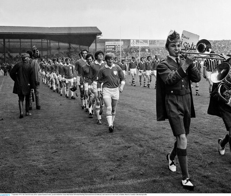 The Limerick team, led by captain Eamonn Grimes, parade behind the Artane Band ahead of the 1973 All-Ireland final against Kilkenny. Photograph: Connolly Collection/Sportsfile