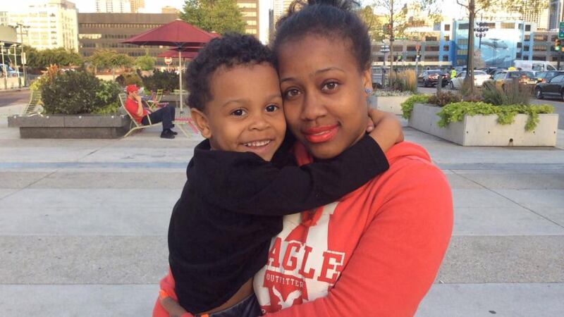 Danielle Wilson (21) and her son David (4) from Philadelphia. Wilson  is campaigning for an increase in wages for fast-food employees to $15 a hour. Photograph: Simon Carswell
