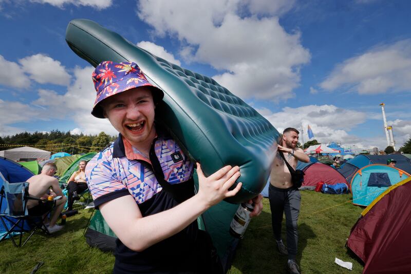 Connor Reddan and Dominic Sheridan from Nenagh, Co Tipperary, all set for camping at the Electric Picnic festival, at Stradbally, Co Laois. Photograph: Alan Betson

