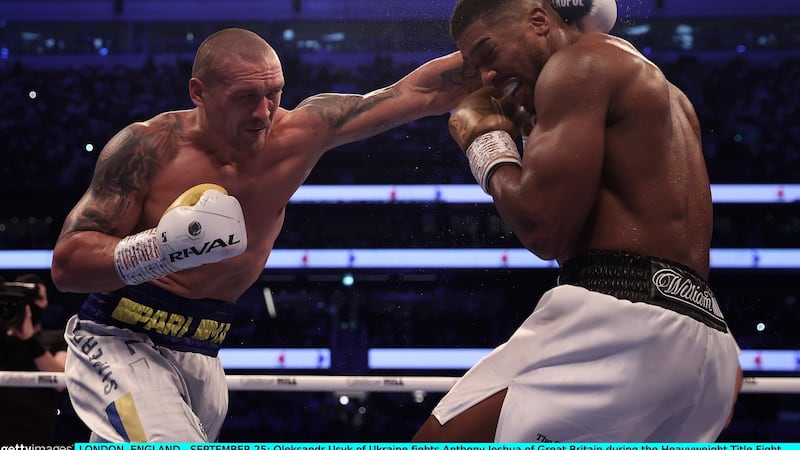 Oleksandr Usyk of Ukraine Anthony Joshua of Great Britain during their heavyweight title fight at Tottenham Hotspur Stadium in London on Saturday. Photograph: Julian Finney/Getty Images