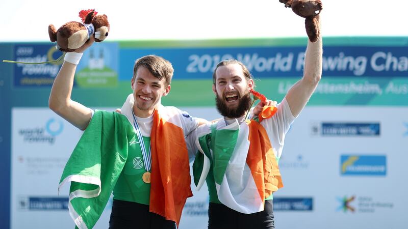 Fintan McCarthy and Paul O’Donovan of Ireland after winning the gold medal in the Lightweight Men’s Double Sculls final at the  2019 World Rowing Championships  in Linz-Ottensheim, Austria in August 2019. Photograph: Naomi Baker/Getty Images