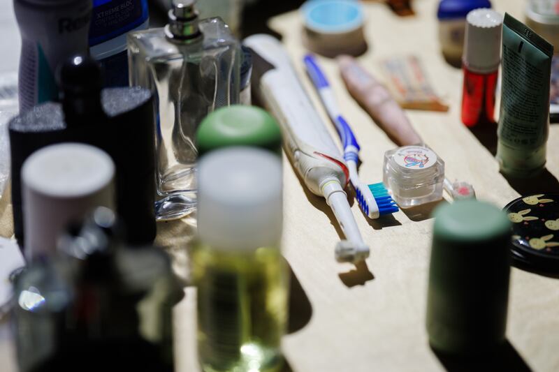 Found toiletry items on display in the Nova Music Festival exhibition at former Tempelhof Airport in Berlin, Germany. Photograph: EPA