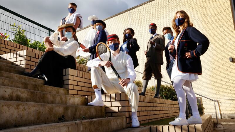 Wesley College students Chris Bailey, Charlotte Dougherty, Grace Harbison, Amy Stratford, Craig Mackay, Ruby Meira, Raheem Olatunde, Bosola Ojewale and Daisy Forte-O’Hanlon in historic school uniforms to celebrate the 175th anniversary of their school. Photograph: Alan Betson / The Irish Times