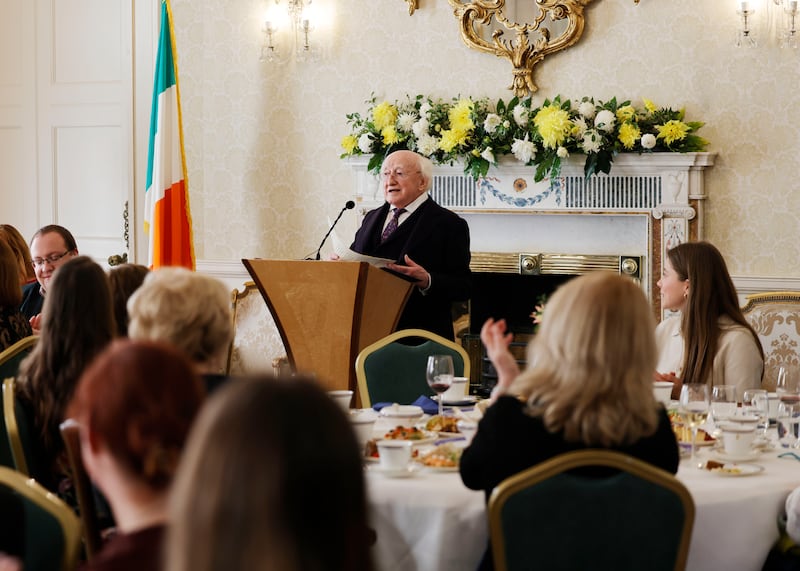 President Higgins addresses guests at the final afternoon tea party of his term of office at Áras an Uachtaráin. Photograph: Alan Betson

