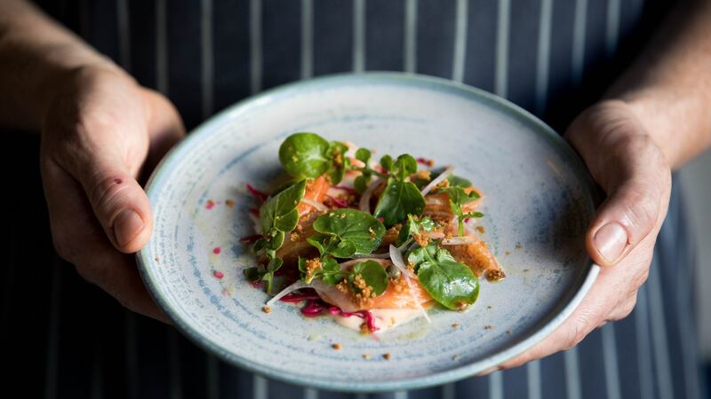Chef Barry Fitzgerald of Bastible with his dish of hay smokey trout, with pickled red cabbage and watercress salad. Photograph: Tom Honan/The Irish Times