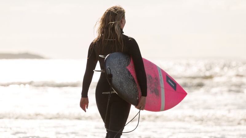 Easkey Britton says she chose to use pink surf boards after losing one of her favourite darker coloured ones at sea suring a particularly big swell. Photograph: Declan Devlin
