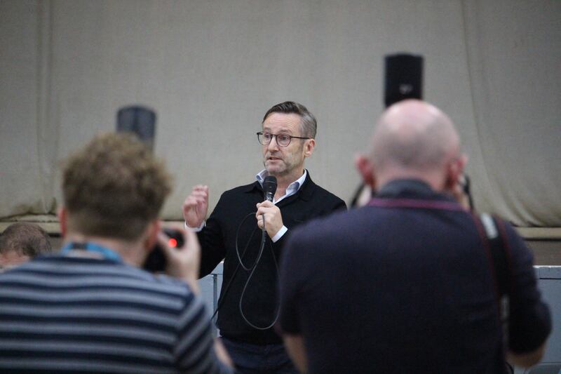 Bobby Healy, the chief executive of Manna, the leading Irish drone delivery company, addressed residents' concerns at a public meeting in Dundrum. Photograph: Hugh Dooley/ The Irish Times