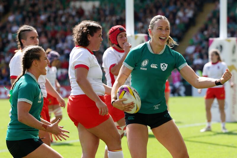 Anna McGann celebrates scoring Ireland's seventh try against Spain. Photograph: David Rogers/Getty Images