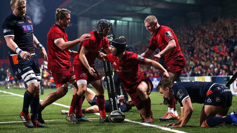 Tyler Bleyendaal celebrates scoring a try with Duncan Williams, Arno Botha and Keith Earls. Photo: Tommy Dickson/Inpho