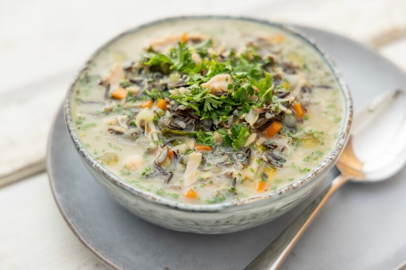 Creamy chicken soup with wild rice and leeks. Photograph: Harry Weir Photography
