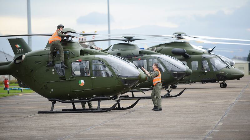Air Corps helicopters getting ready to take part in the anti-terrorism exercise in Dublin on Wednesday. Photograph: Defence Forces