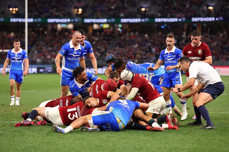 Referee Ben O’Keeffe keeps watch on a collapsed maul during the Lions game against Western Force. Photograph: Paul Kane/Getty Images