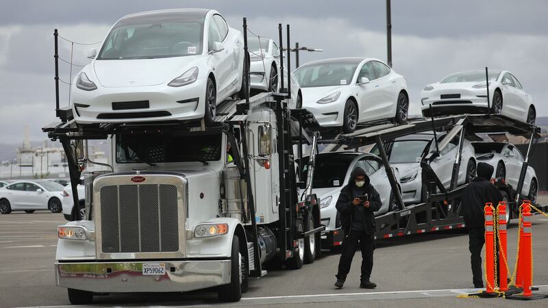 Tesla cars head out of the company’s factory in California on May 12th. Photograph: The New York Times