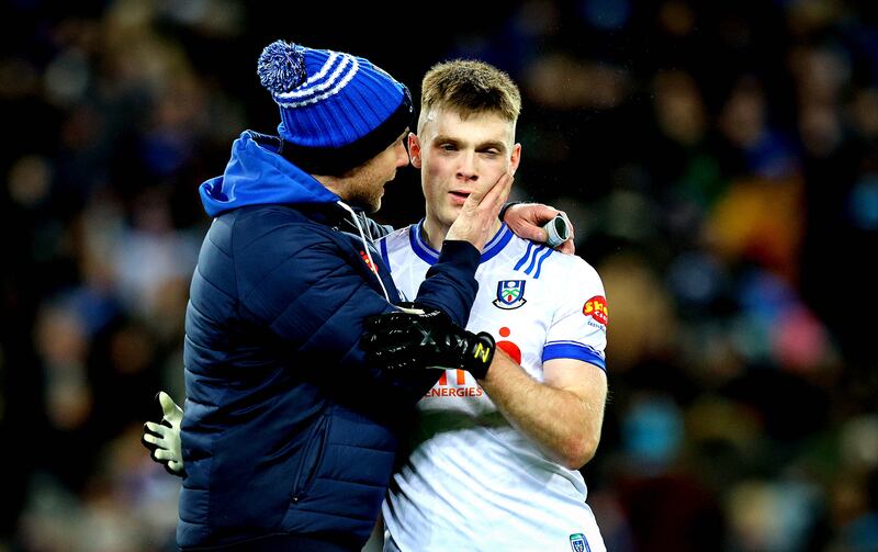 Monaghan’s Ciaran McNulty celebrates with manager Vinny Corey after scoring the winning point in the victory over Dublin at Croke Park. Photograph: Ryan Byrne/Inpho 