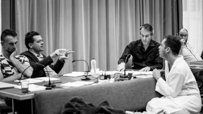 Bart Van den Eynde, Simon Stephens, Ivo van Hove, Eelco Smits and Mark Eitzel in rehearsal. Photograph: Jan Versweyveld