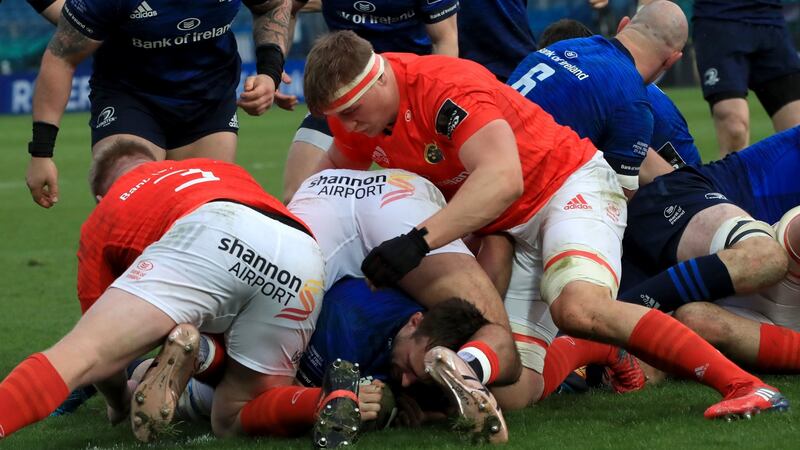Jack Conan dives in to score a try during the  Guinness Pro 14 final against Munster at the RDS. Photograph:  Donall Farmer/PA Wire