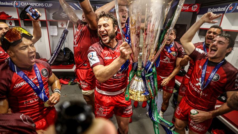 Toulouse players celebrate their win in the Heineken Champions Cup Final against La Rochelle at  Twickenham last May. Photograph: Dan Sheridan/Inpho
