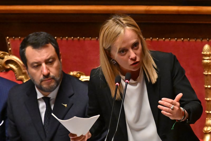 Italy's pro-Ukraine prime minister Giorgia Meloni addresses the Italian Senate, flanked her deputy Matteo Salvini, whose League party has had strong links to Moscow. Photograph: Alberto Pizzoli/AFP via Getty Images