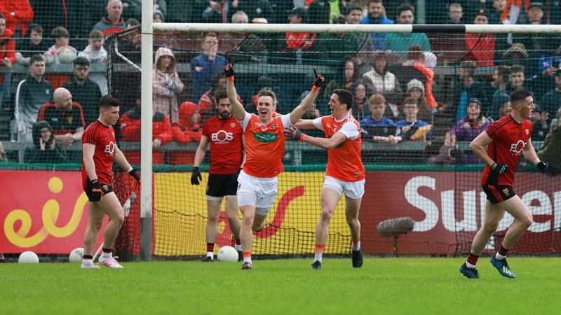 Armagh’s Mark Shields celebrates his goal in his side’s victory over Down. It was their first Ulster championship win under Kieran McGeeney. Photograph: Philip Magowan/Inpho