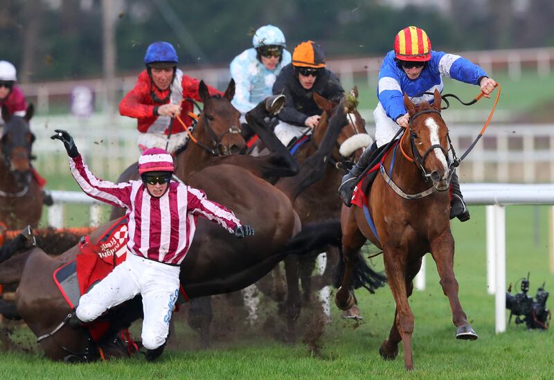 Bryan Cooper onboard Coeur Sublime falls at the last in the Knight Frank Juvenile Hurdle during the 2018 Christmas Festival at Leopardstown. Photograph: Ryan Byrne/Inpho 