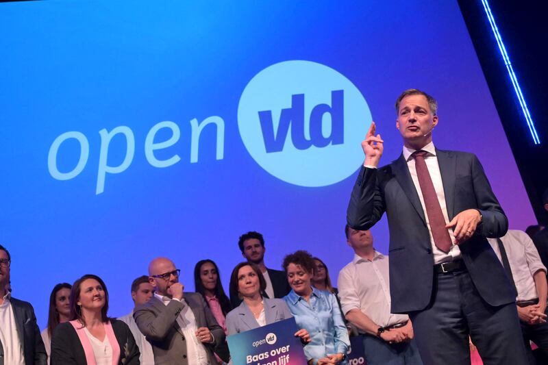 Belgium's prime minister Alexander De Croo delivering a speech during a campaign meeting of his Open Liberals and Democrats party in Lint on June 5th, 2024. Photograph: Jonas Roosens/Belga/AFP